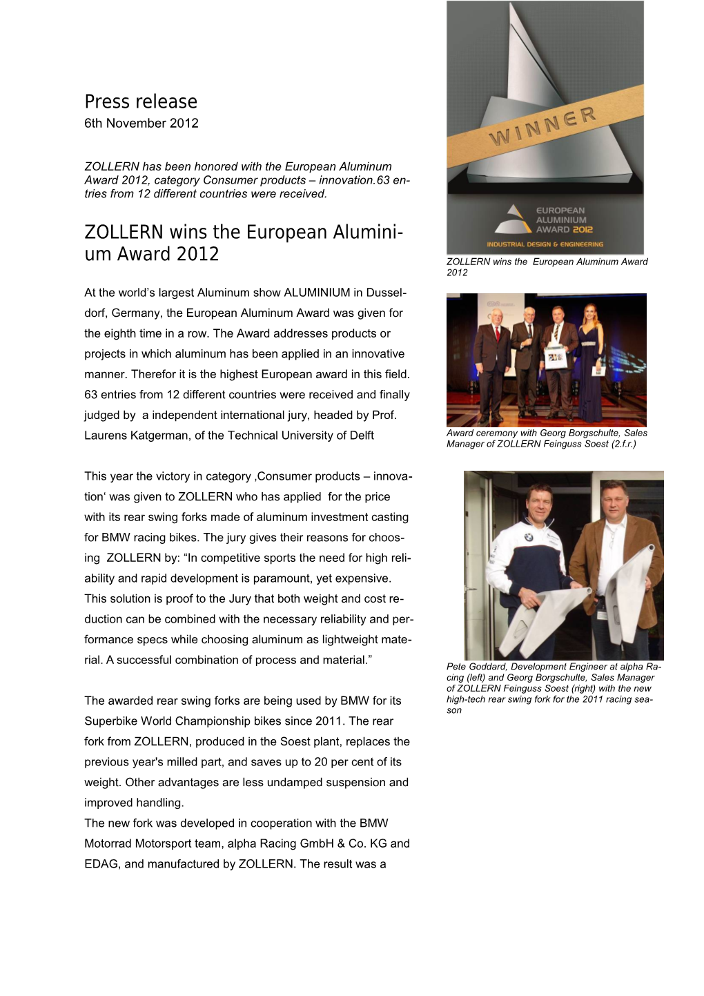 ZOLLERN Wins the European Aluminium Award 2012