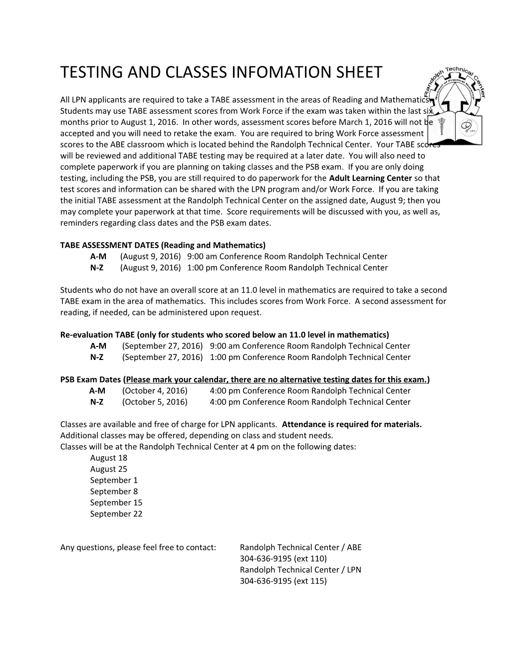 TABE ASSESSMENT DATES (Reading and Mathematics)