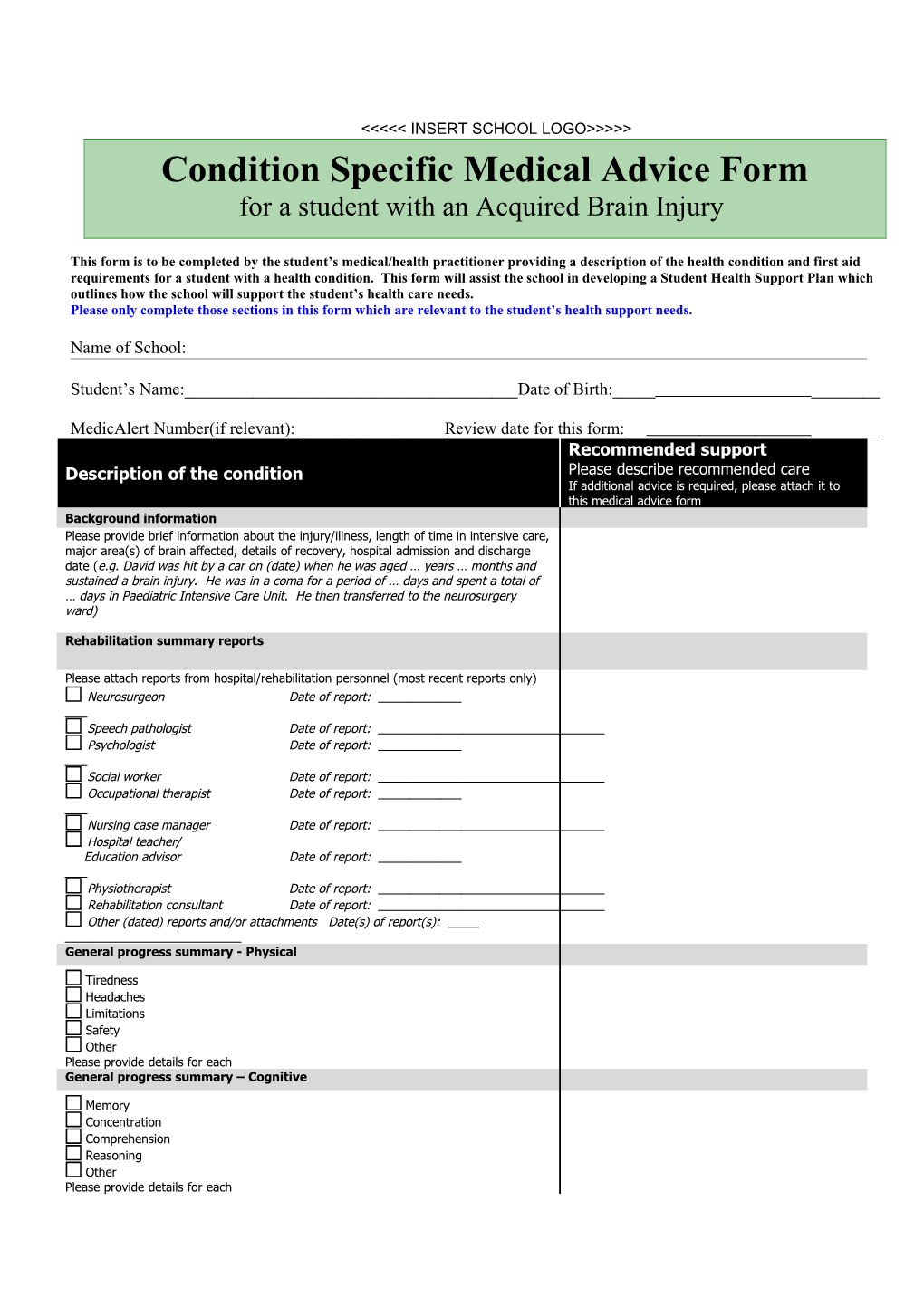 Condition Specific Medical Advice Form: Brain Injury