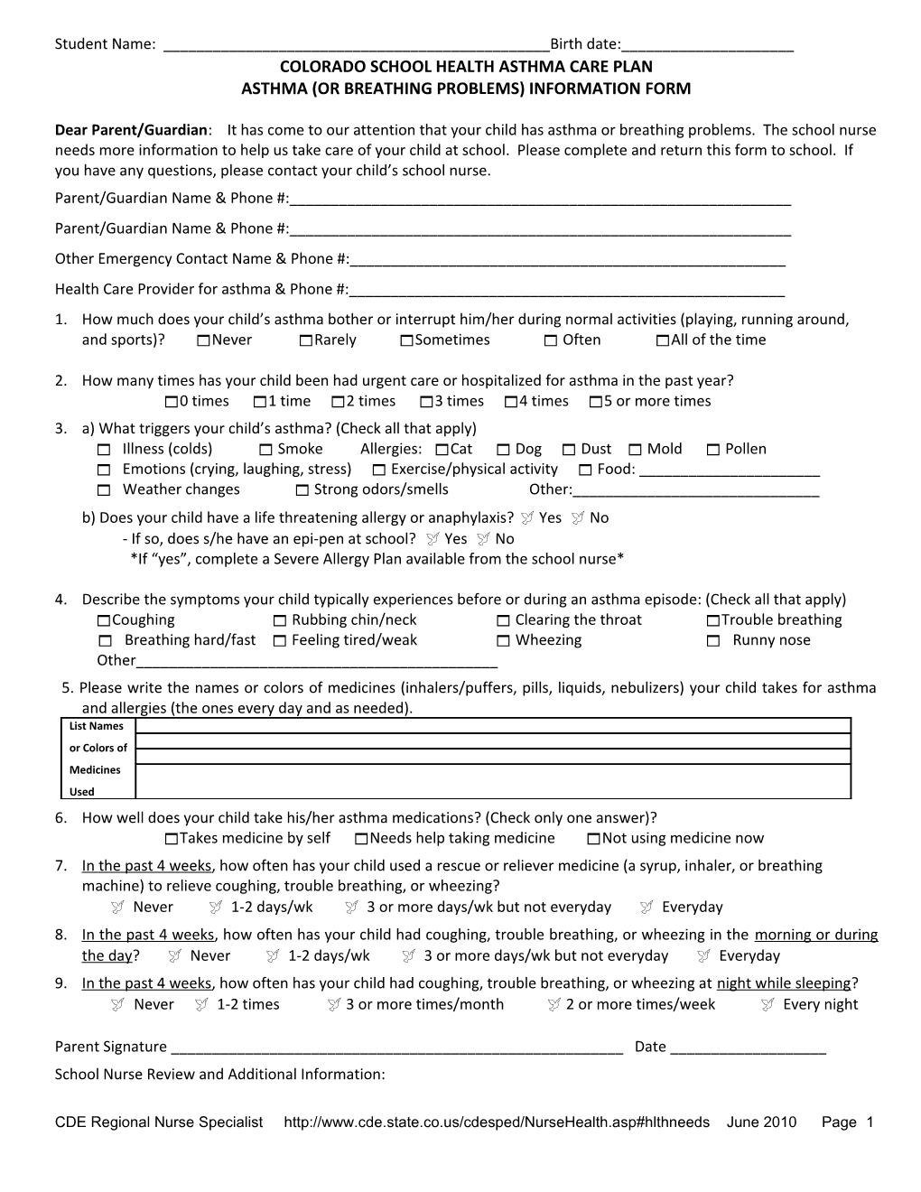 Questionnaire for a Parent of a Student with Asthma Or Breathing Problems