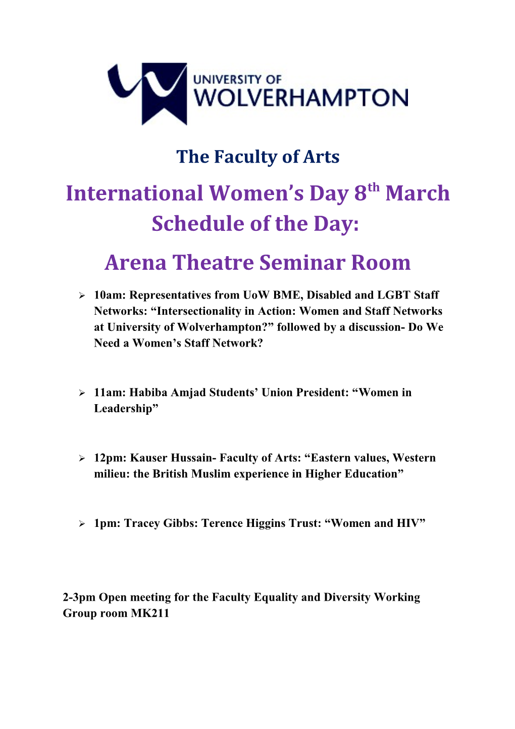 International Women S Day 8Th March Schedule of the Day