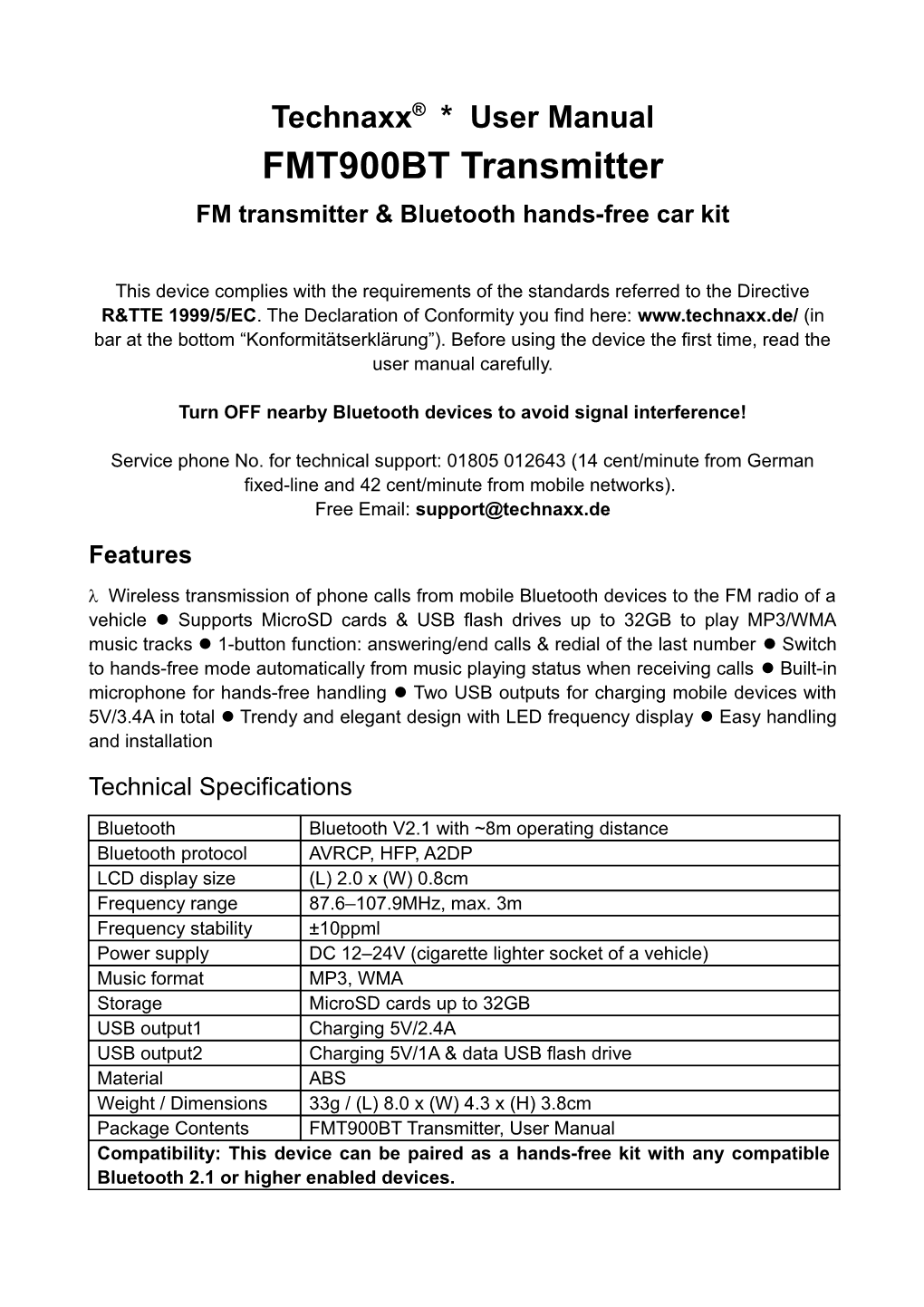 FM Transmitter & Bluetooth Hands-Free Car Kit