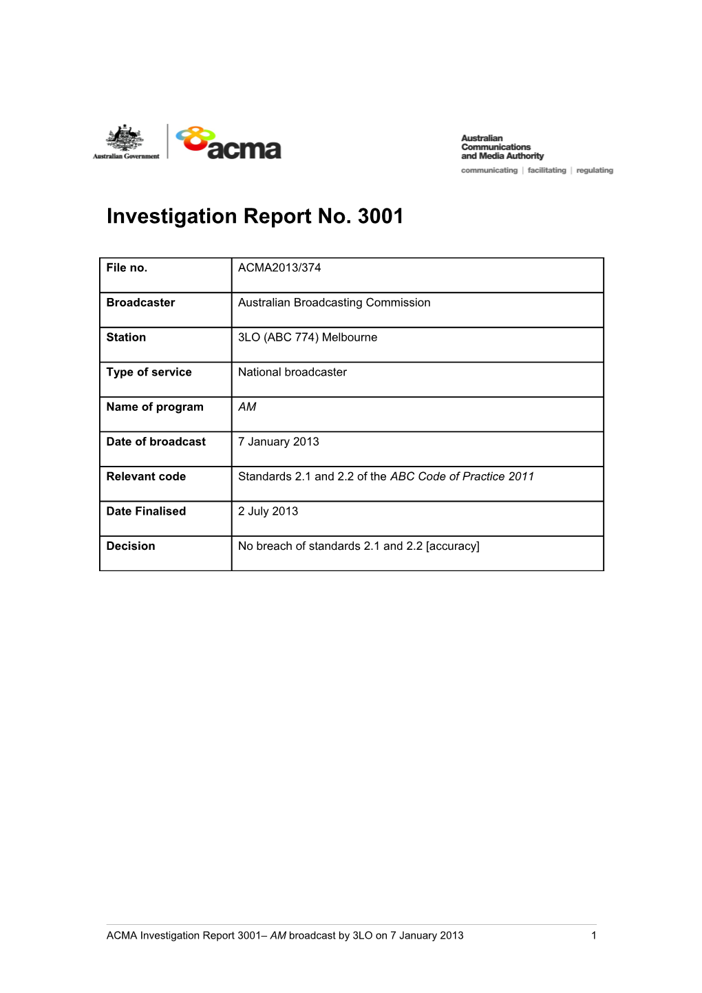 3LO - ACMA Investigation Report 3001