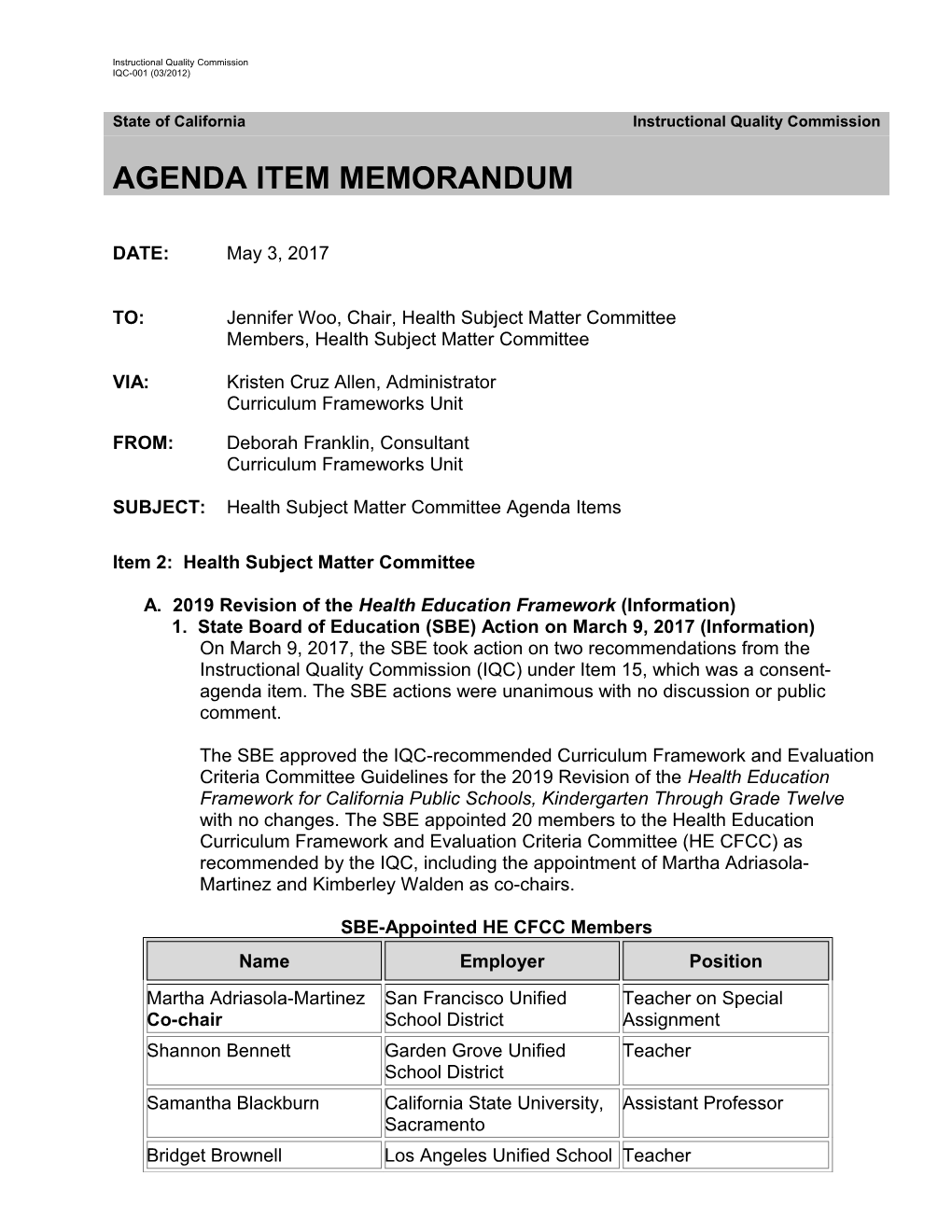 Health SMC Agenda Memo - Instructional Quality Commission (CA Dept of Education)