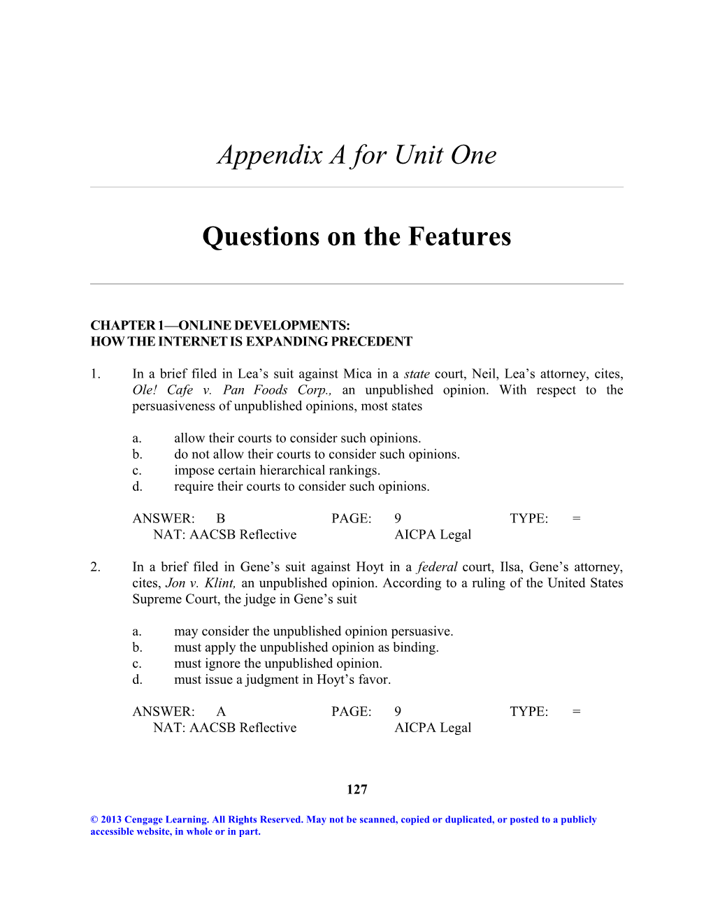 Appendix a for Unit One FEATURE QUESTIONS 139