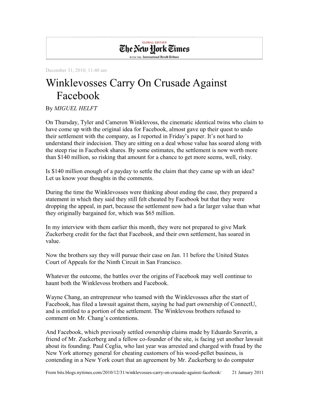 Winklevosses Carry on Crusade Against Facebook