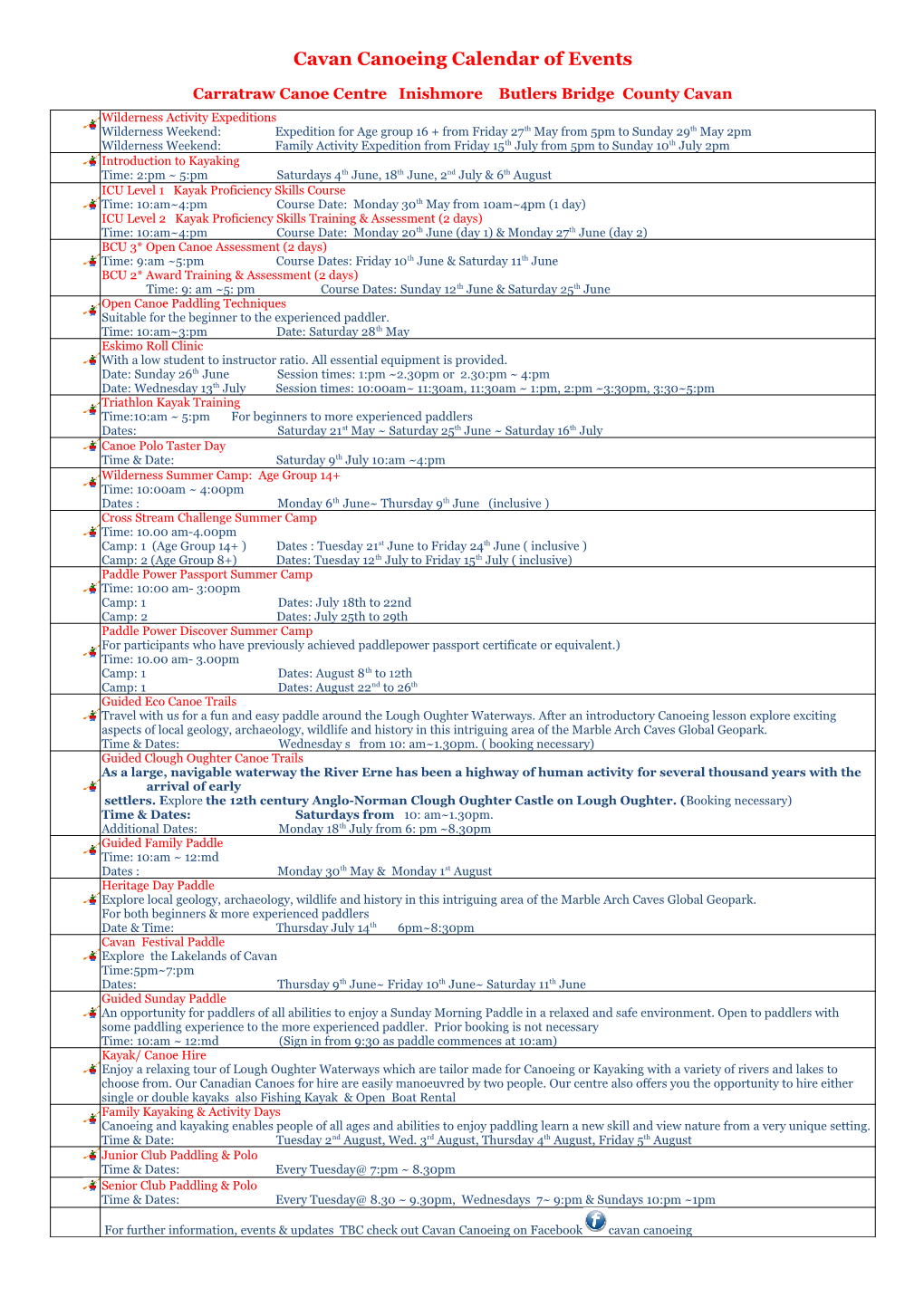 Cavan Canoeing Calendar of Events