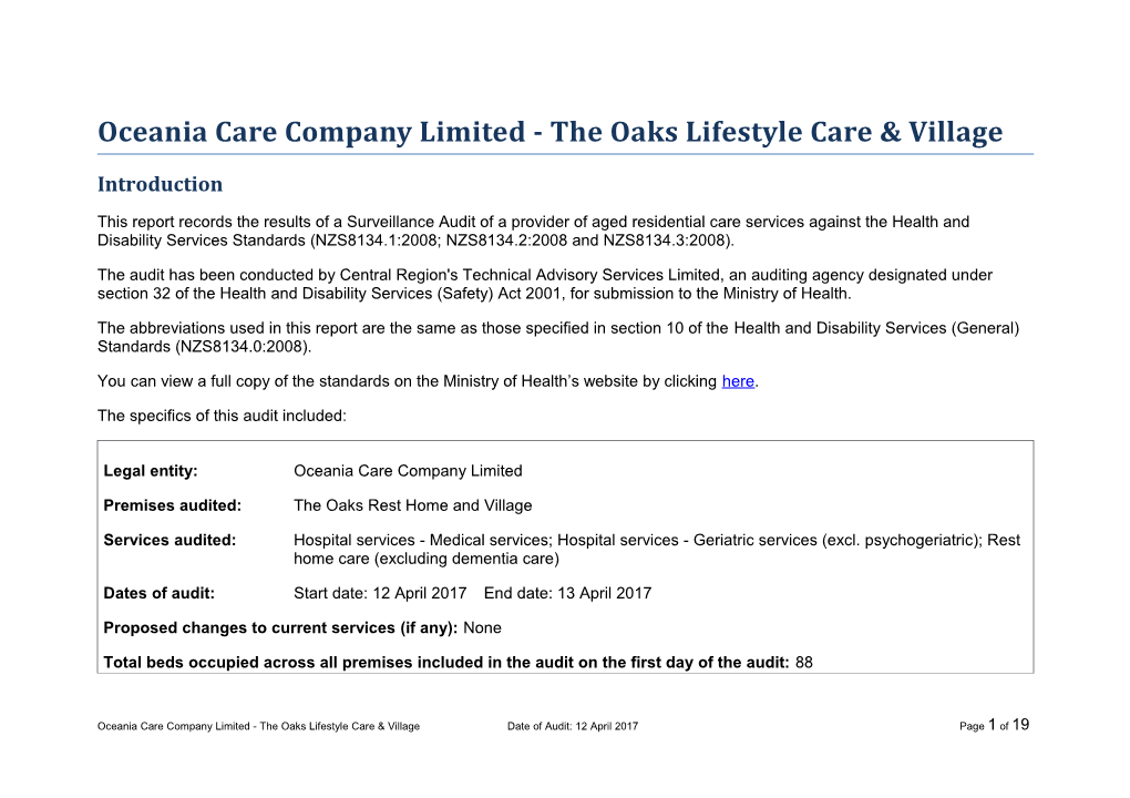 Oceania Care Company Limited - the Oaks Lifestyle Care & Village