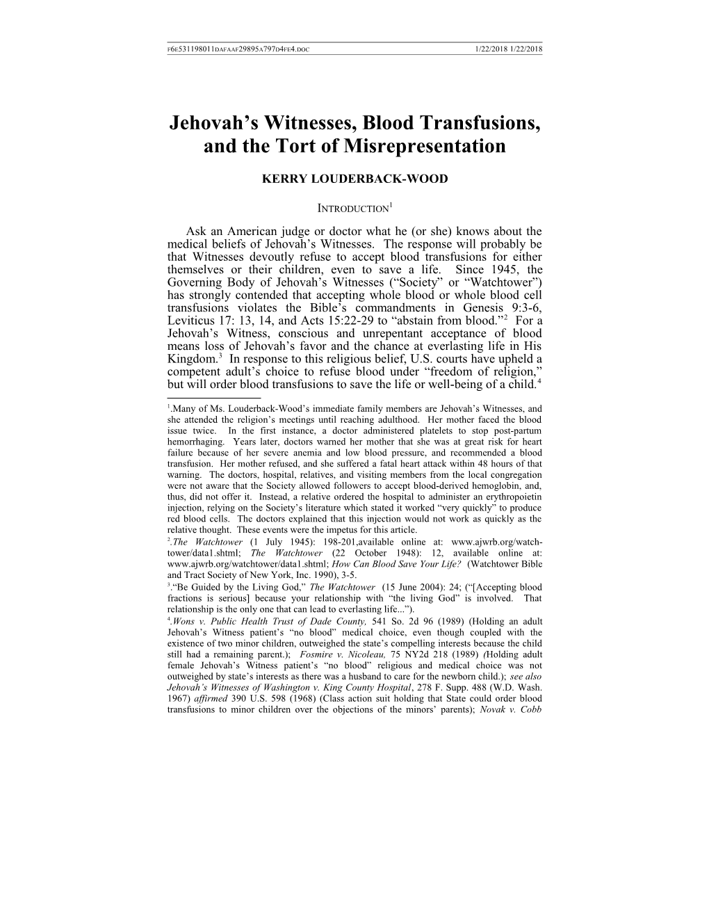 Jehovah S Witnesses, Blood Transfusions, and the Tort of Misrepresentation