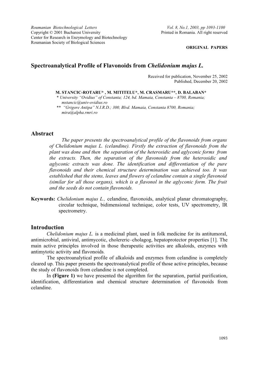 The Complete Analytical Profile of Flavonoids from Celandine