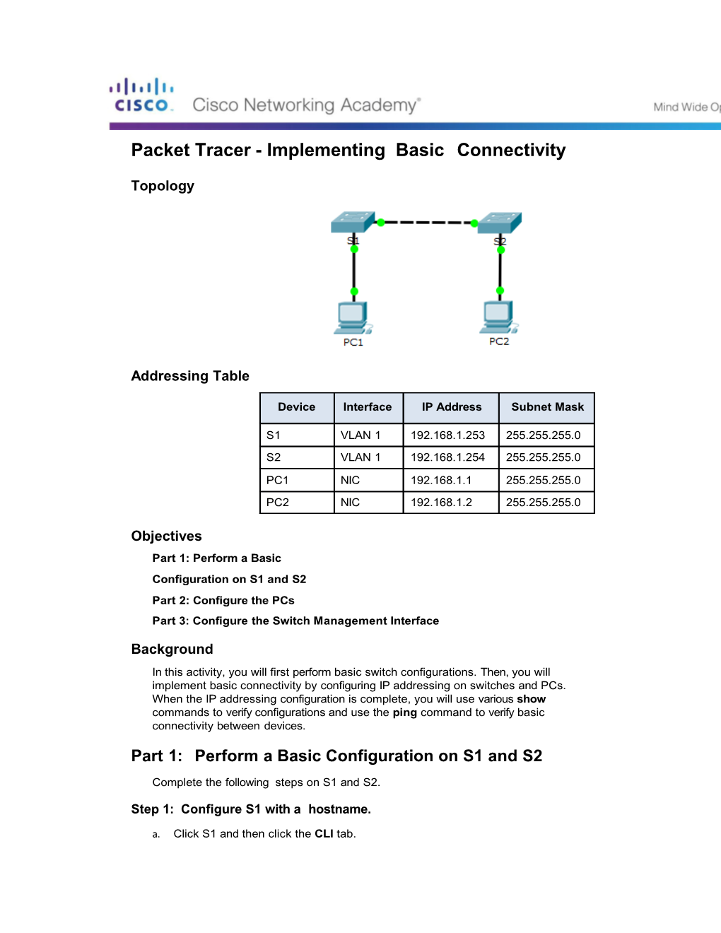 Packet Tracer - Implementing Basic Connectivity