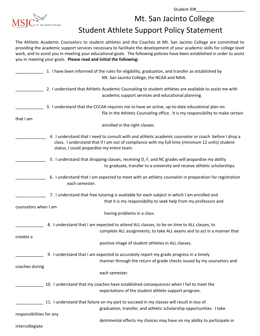 Student Athlete Support Policy Statement