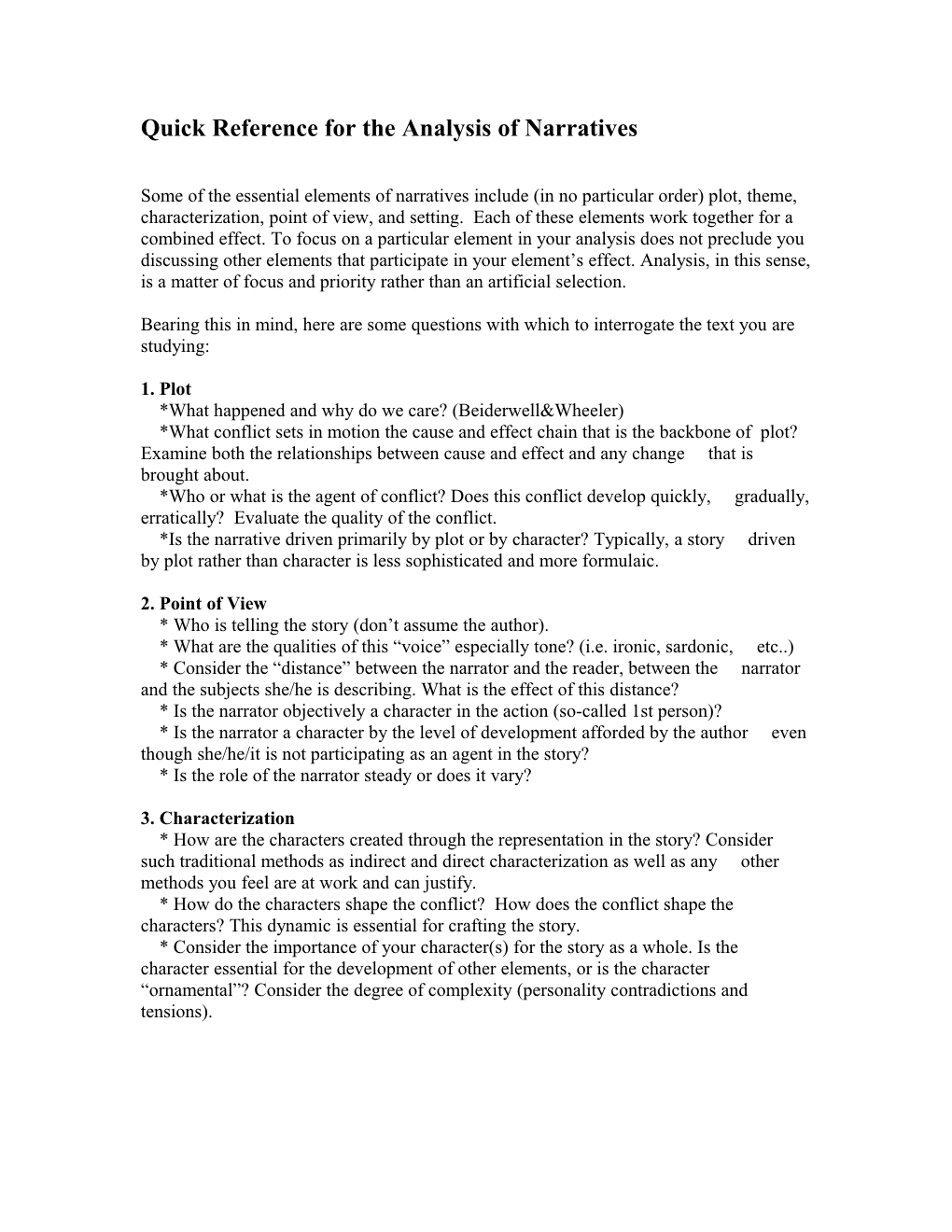 Quick Reference for the Analysis of Narratives