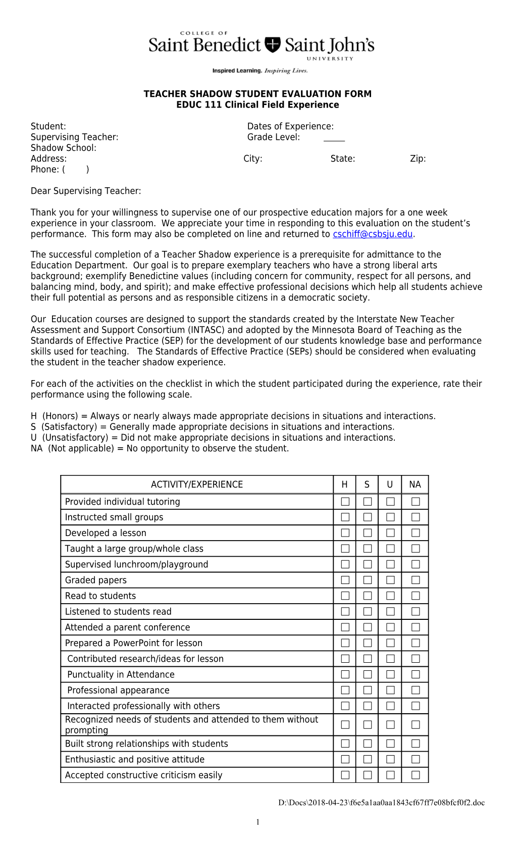 Teacher Shadow Student Evaluation Form