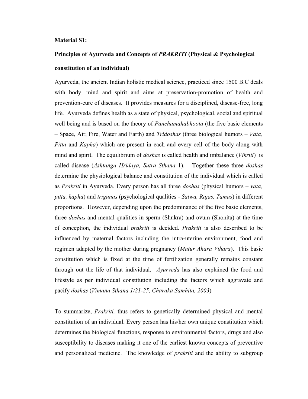 Ayurvedic Concept of Prakriti (Physical & Psychological Constitution)