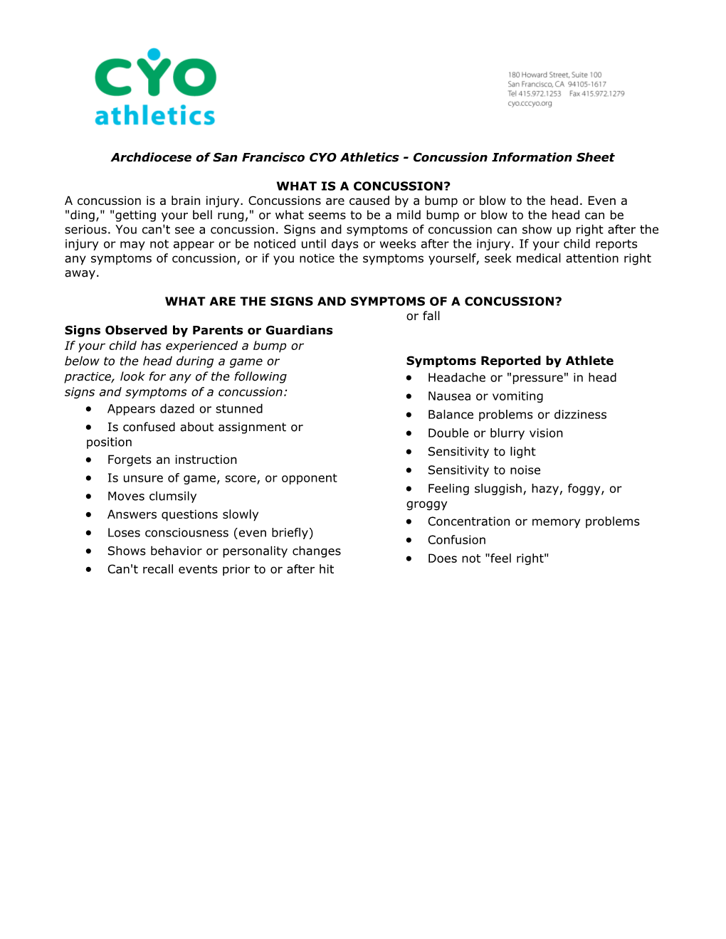 Archdiocese of San Francisco CYO Athletics - Concussion Information Sheet