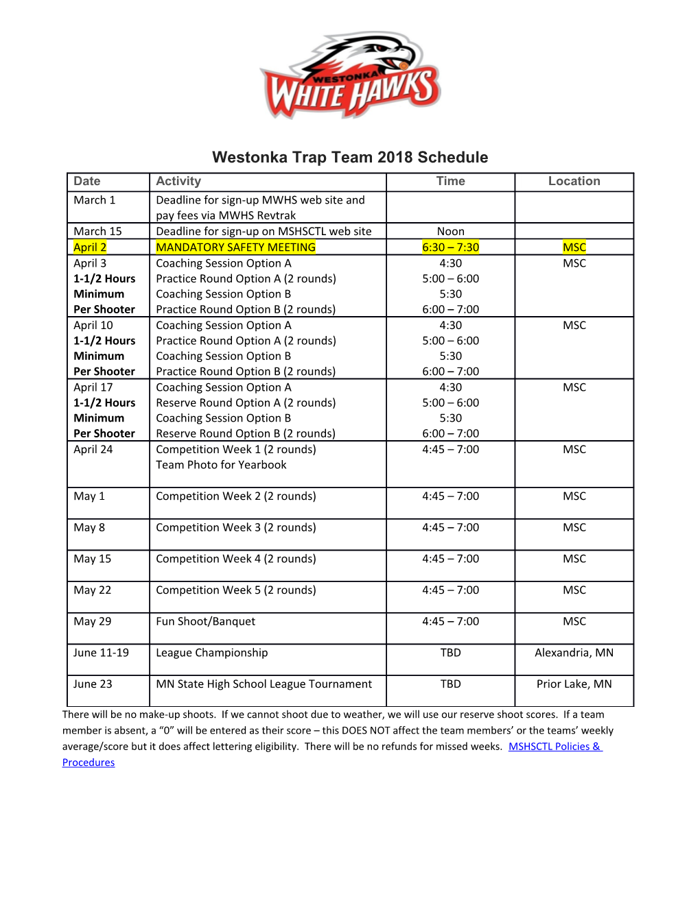 Westonka Trap Team 2018 Schedule