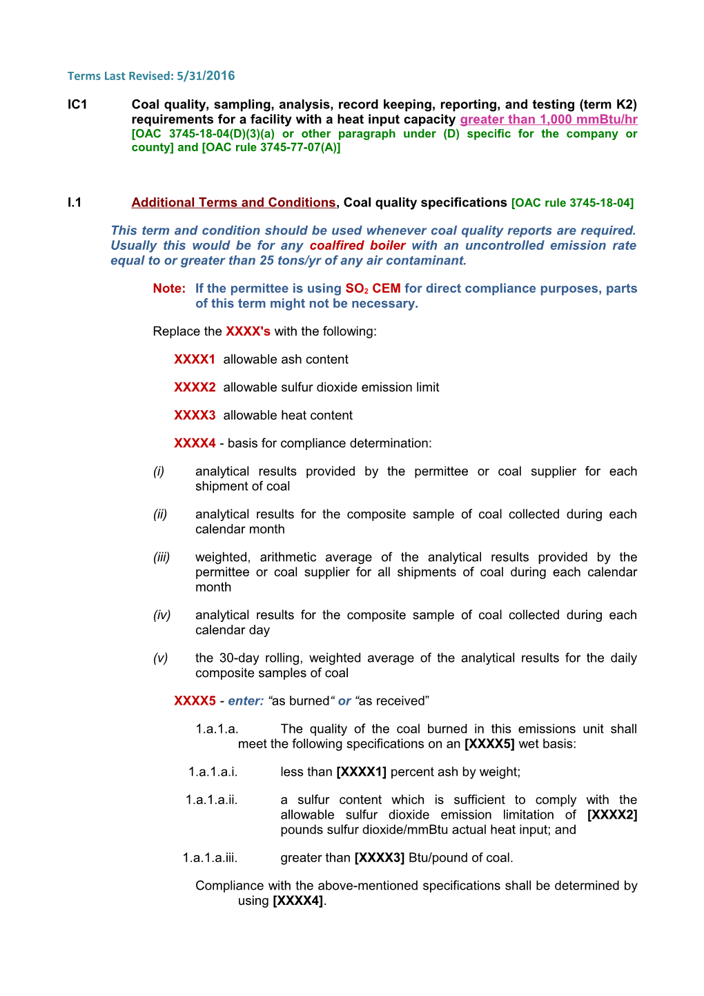 I.1 Additional Terms and Conditions, Coal Quality Specifications OAC Rule 3745-18-04