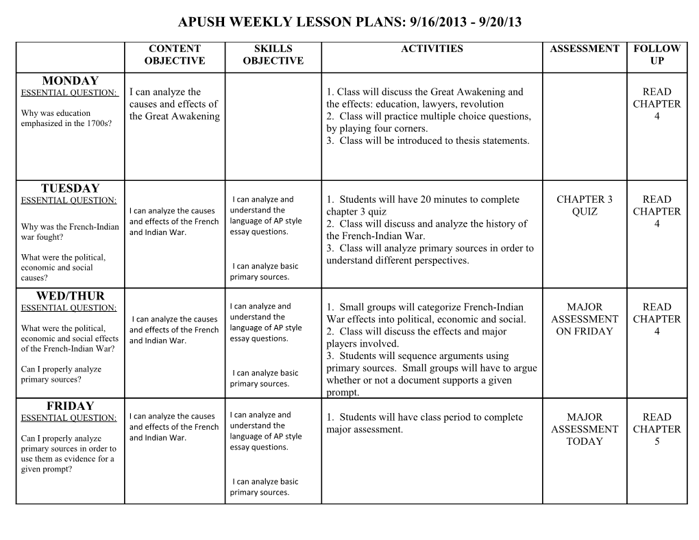 Apush Weekly Lesson Plans