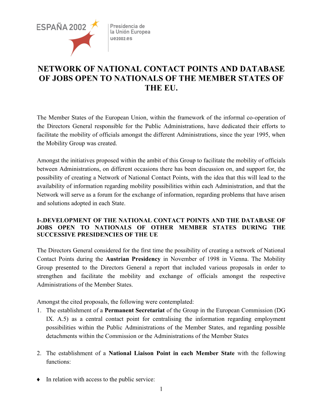 Network of National Contact Points and Database of Jobs Open to Nationals of the Member