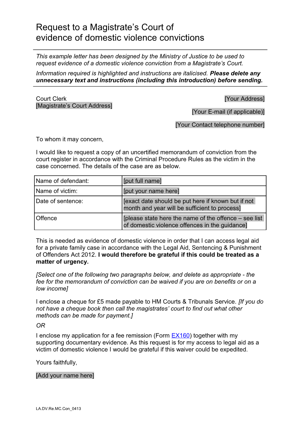 Template Letter (A) for Request of Evidence of Conviction from a Magistrates Court