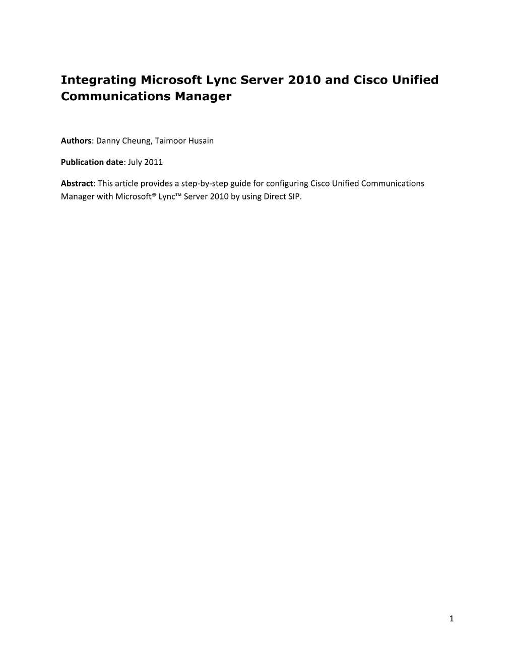 Integrating Microsoft Lync Server 2010 and Cisco Unified Communications Manager