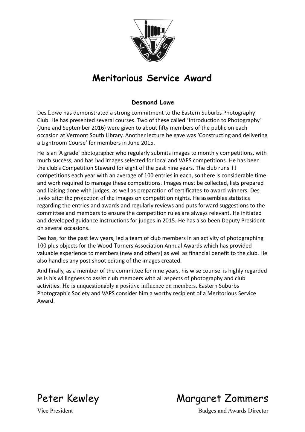 Meritorious Service Award