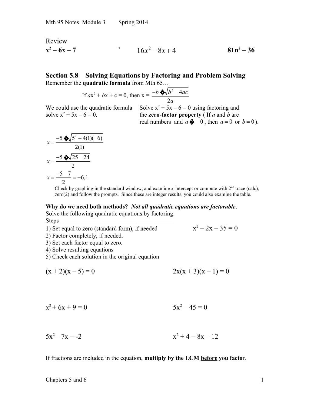 Section 5.8 Solving Equations by Factoring and Problem Solving