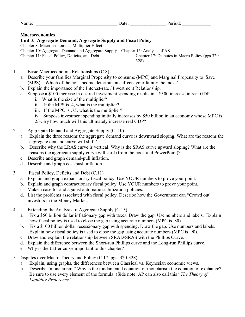 Unit 3: Aggregate Demand, Aggregate Supply and Fiscal Policy