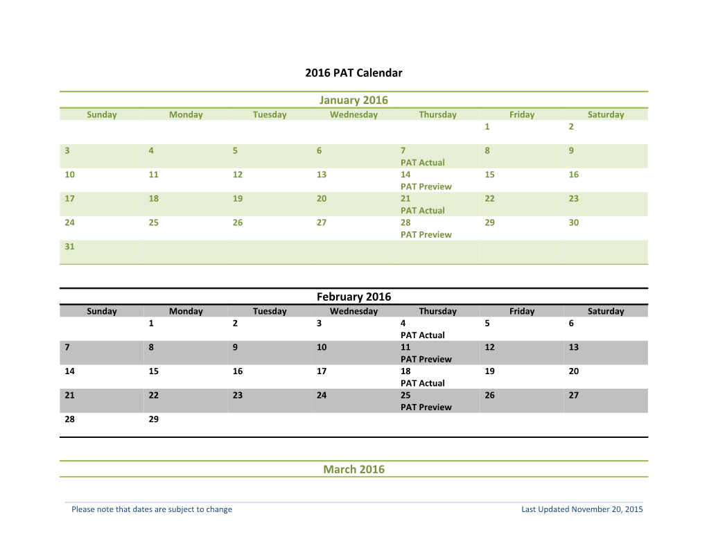 2016 PAT Calendar / Physical Abilities Test