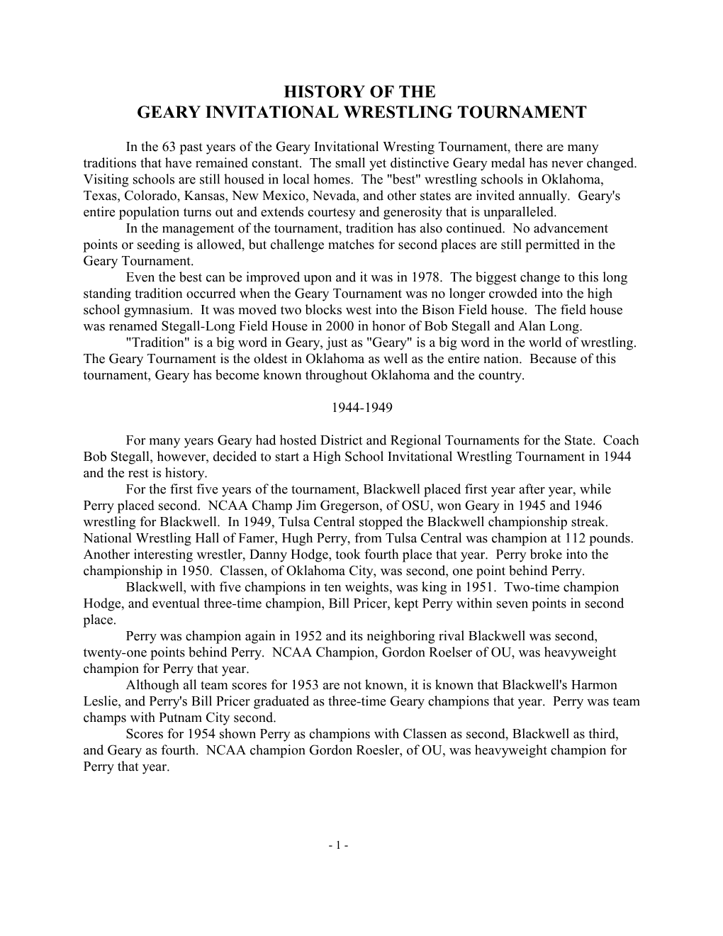 History of the Geary Wrestling Tournament
