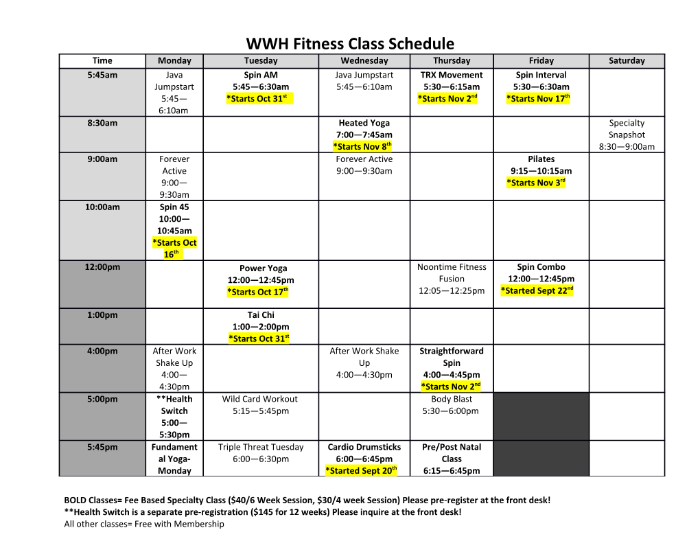 WWH Fitness Class Schedule
