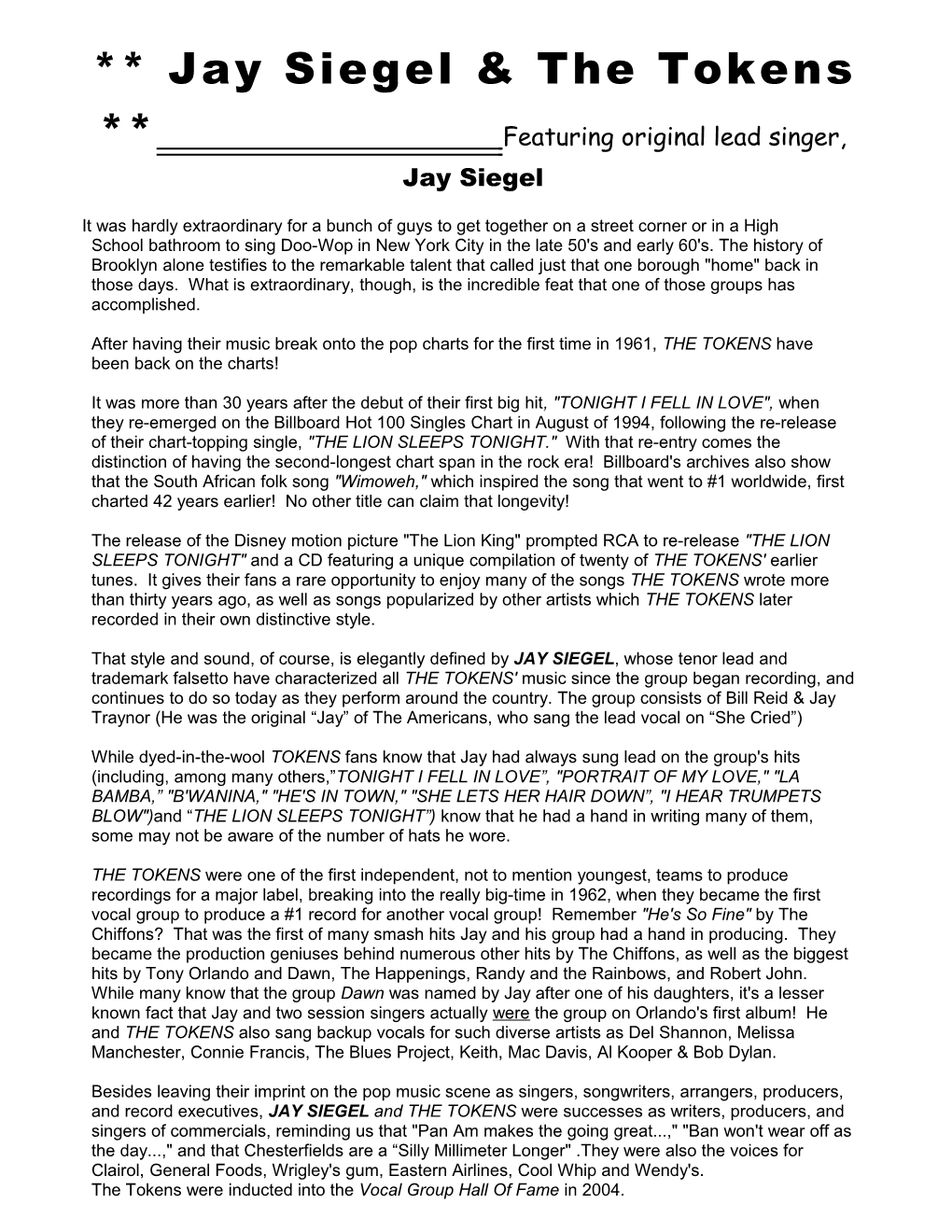 Jay Siegel & the Tokens Featuring Original Lead Singer, Jay Siegel