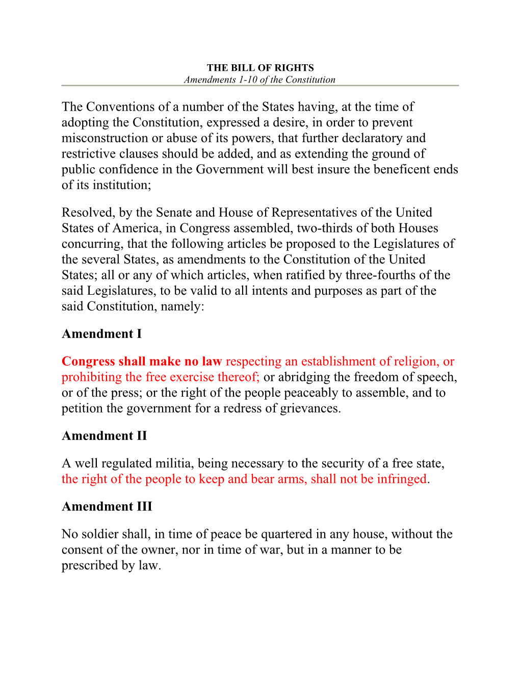 THE BILL of RIGHTS Amendments 1-10 of the Constitution