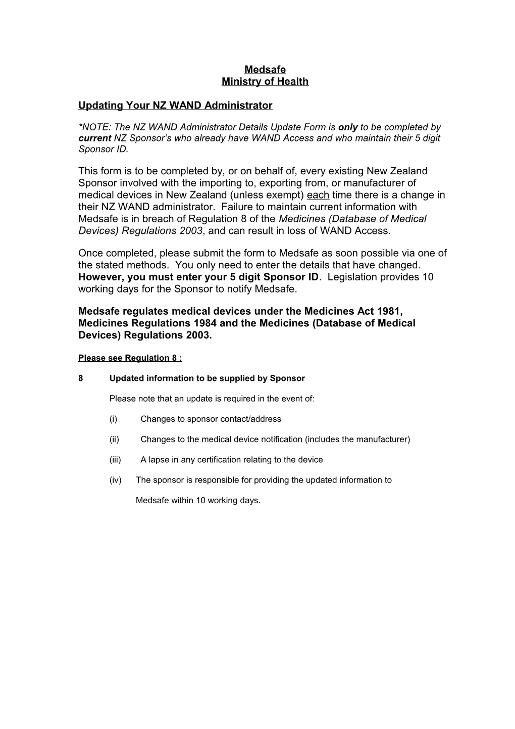 NZ WAND Administrator Details Update Form