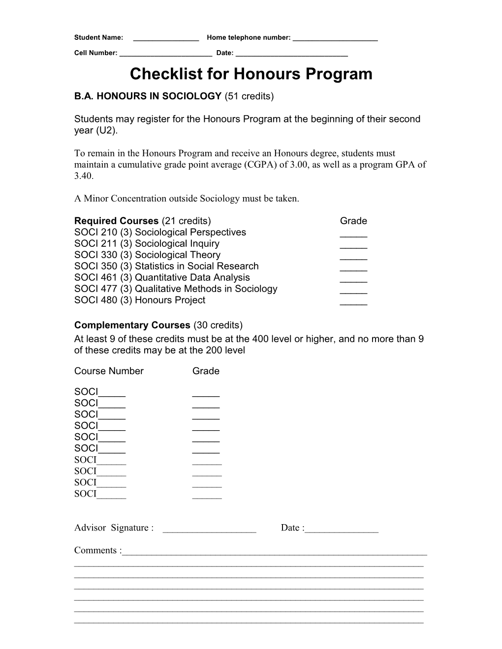 New Checklist for Honours Program