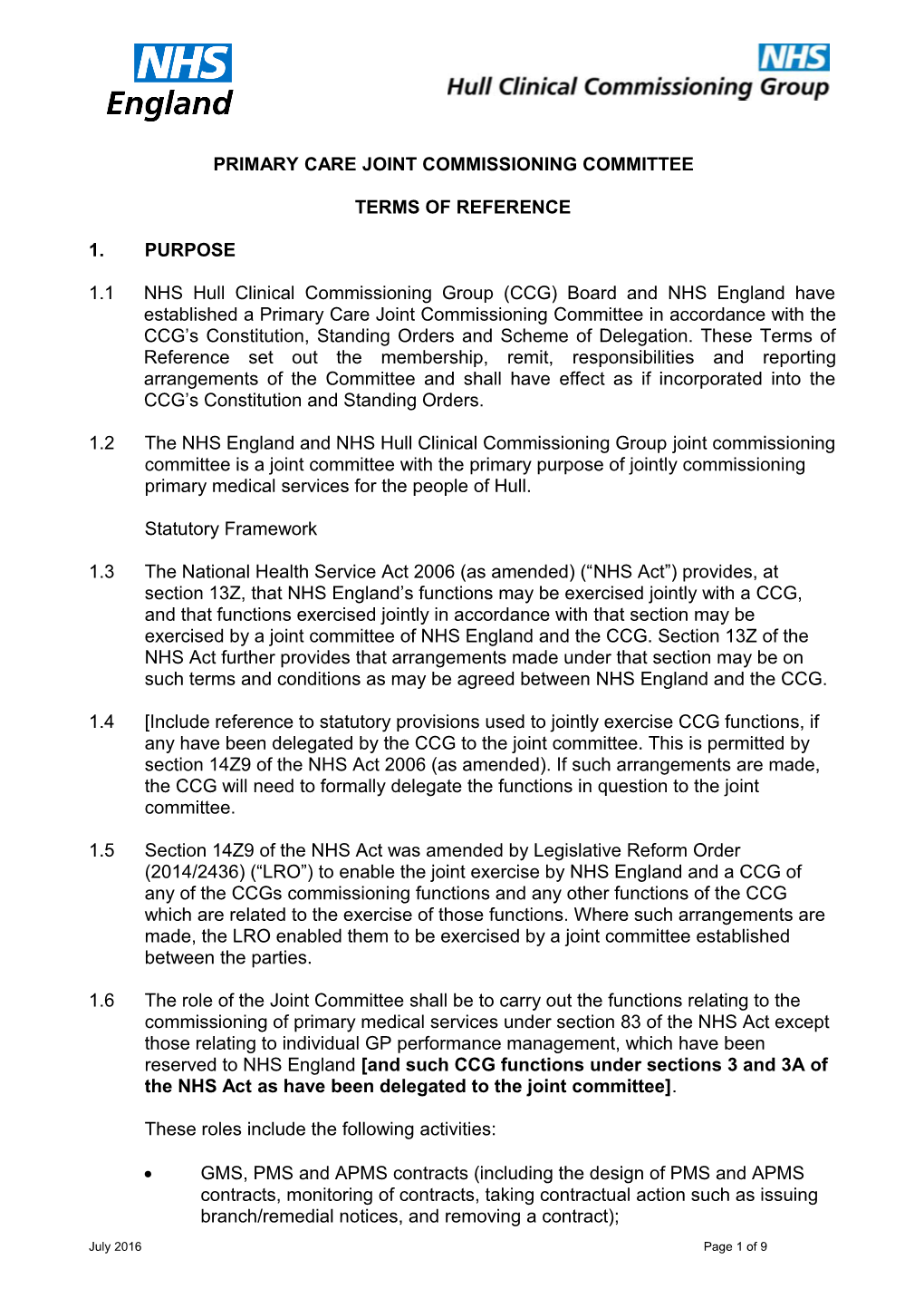 Terms of Reference for Quality and Safety Group