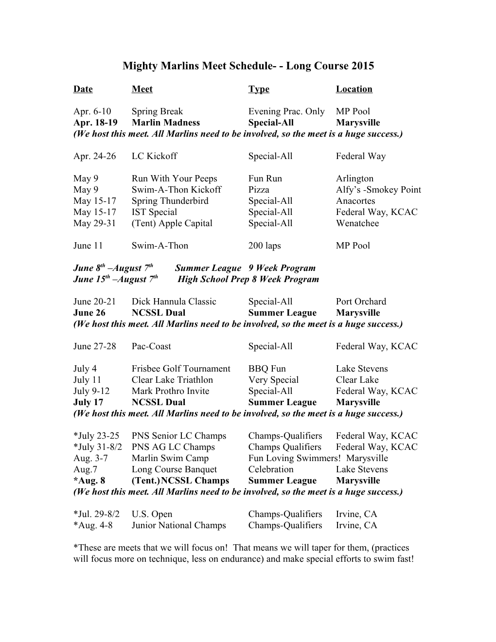 Mighty Marlins Meet Schedule- - Long Course 2015