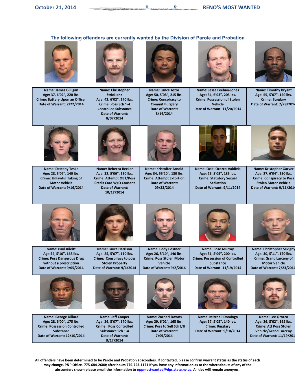 The Following Offenders Are Currently Wanted by the Division of Parole and Probation s1