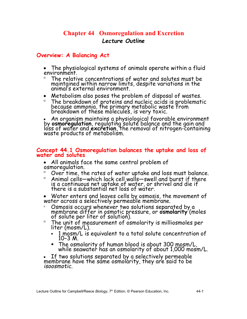 Chapter 44 Osmoregulation and Excretion