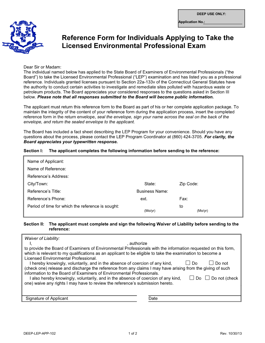 Reference Form for Individuals Applying to Take the Licensed Environmental Professional Exam