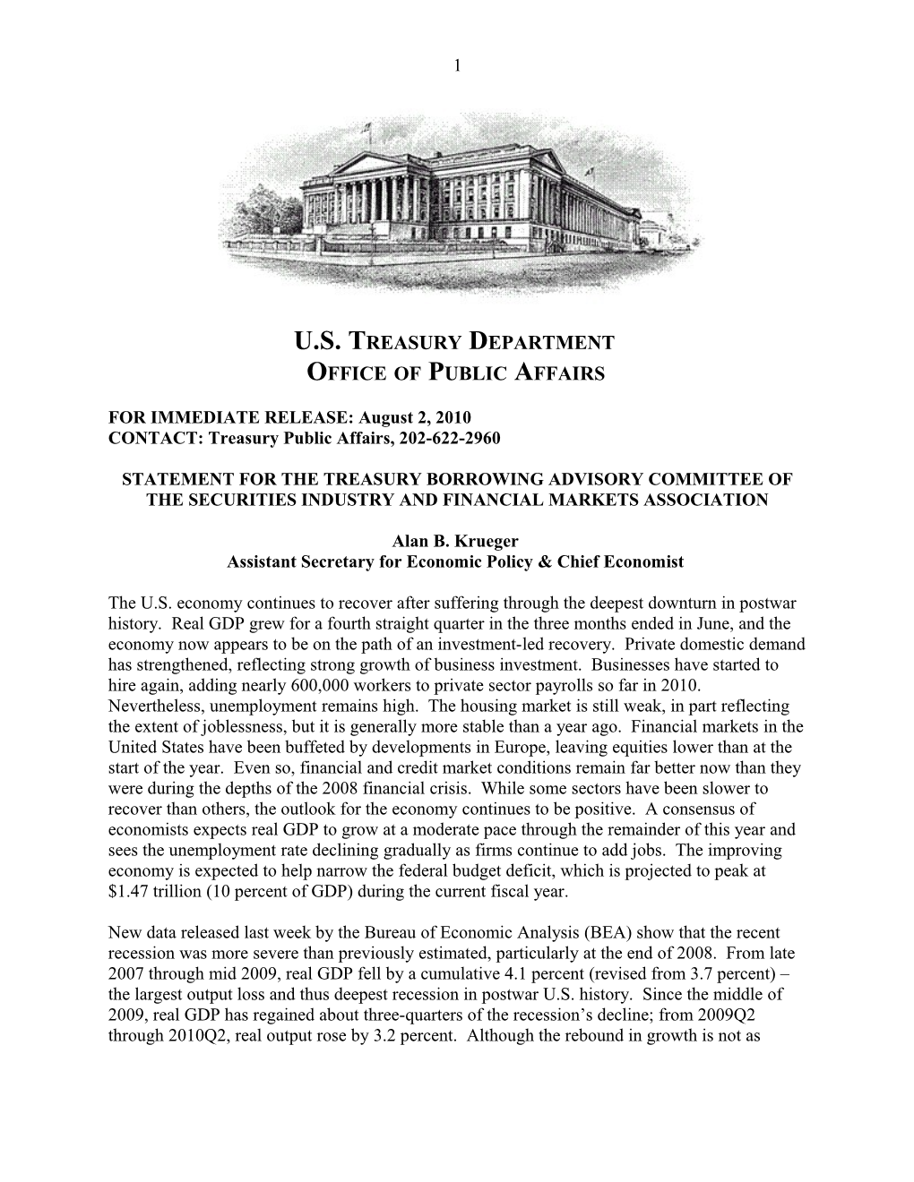 Statement of the Treasury Borrowing Advisory Committee of the Securities Industry and Financial
