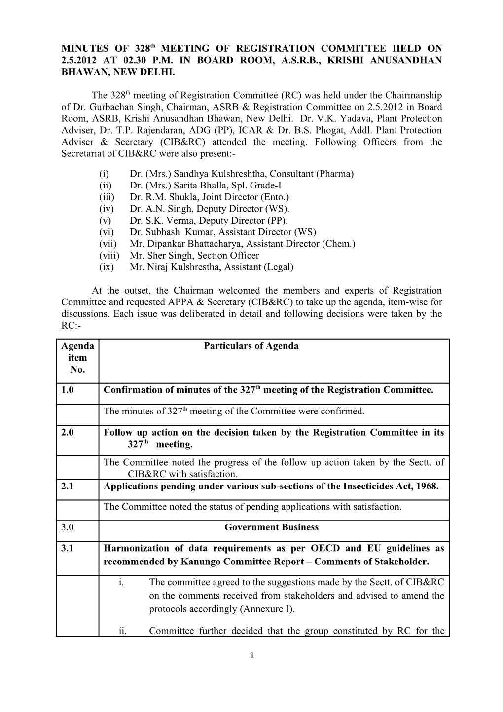 MINUTES of 328Th MEETING of REGISTRATION COMMITTEE HELD on 2.5.2012 at 02.30 P.M. in BOARD