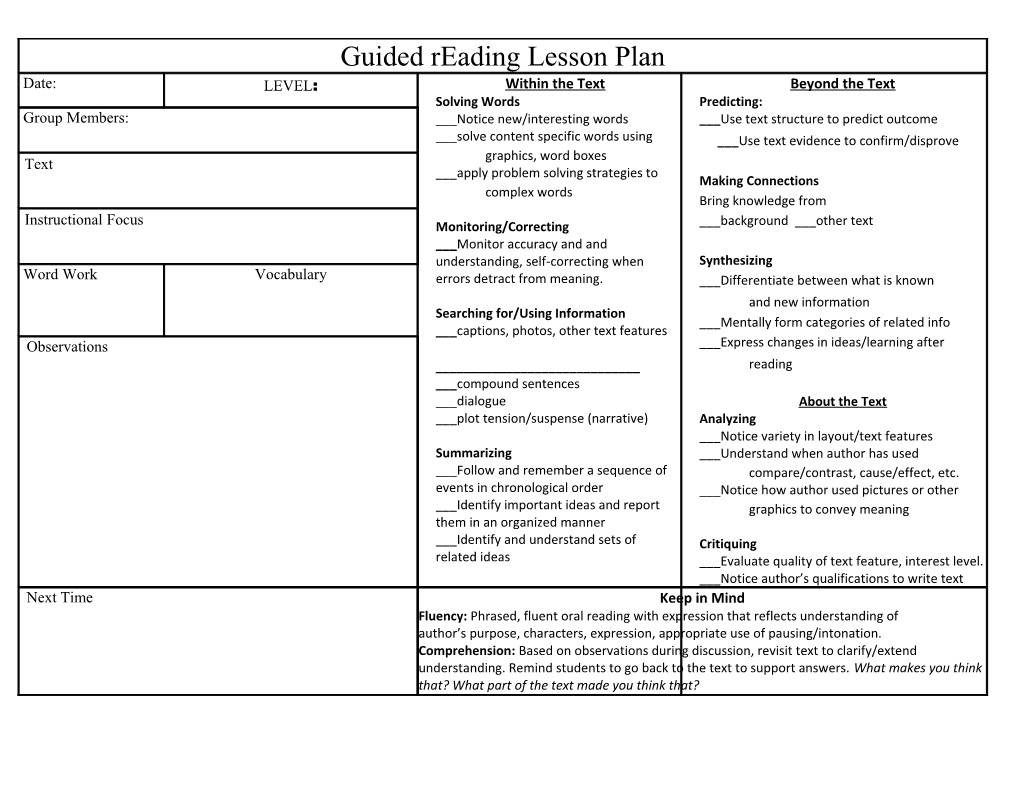 Guided Reading Lesson Plans Universal Template