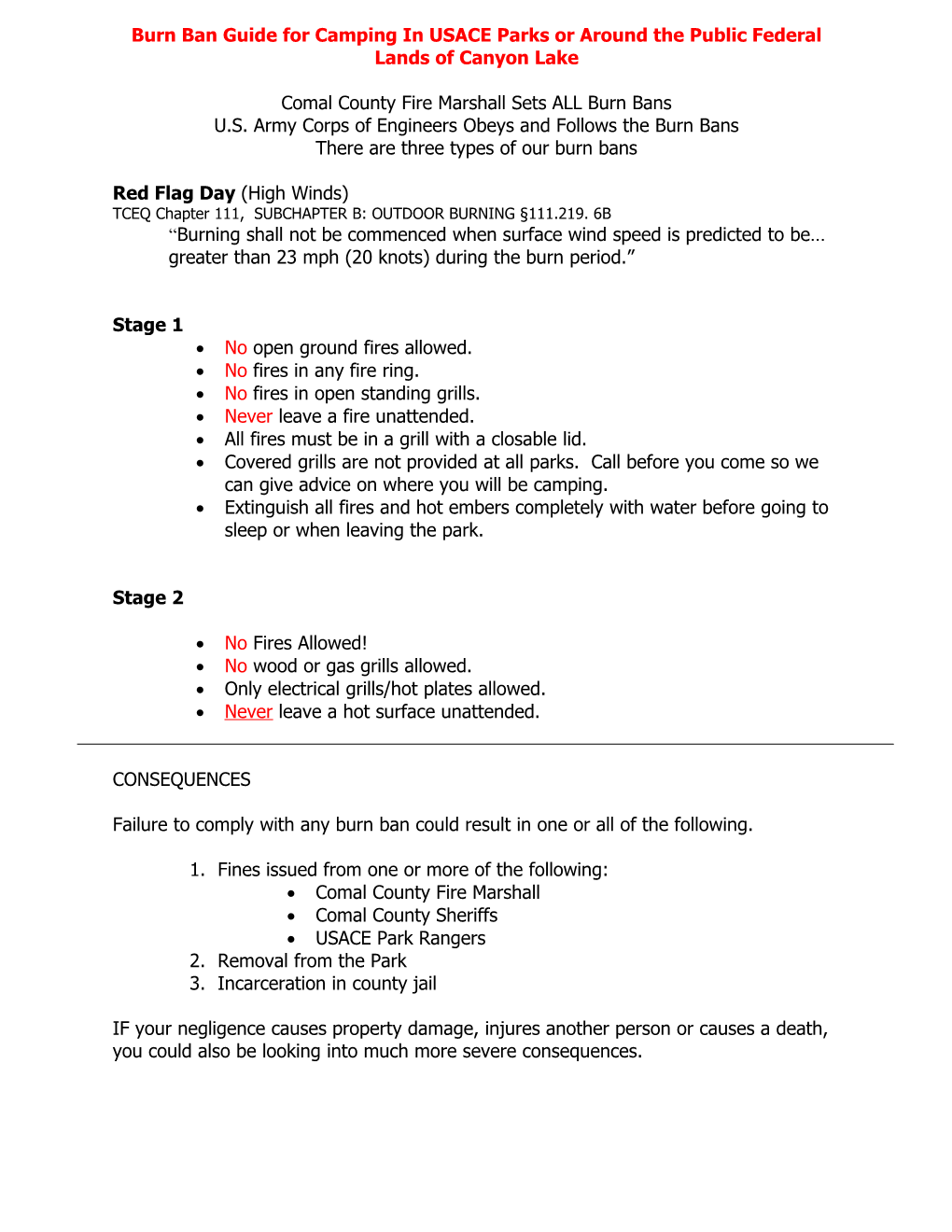 Burn Ban Guide for Camping in USACE Parks Or Around the Public Federal Lands of Canyon Lake