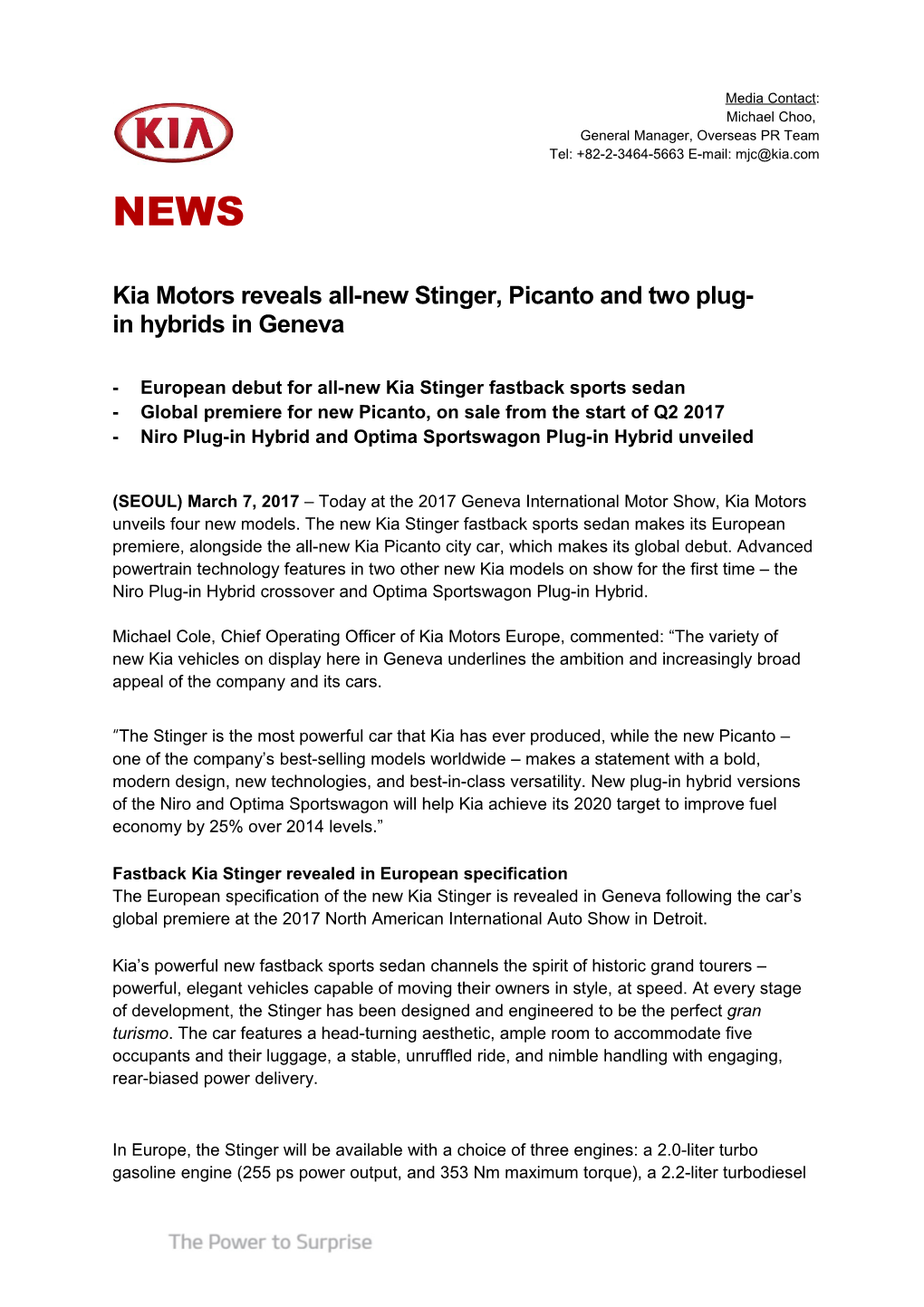 Kia Motors Reveals All-New Stinger, Picanto and Two Plug- in Hybrids in Geneva