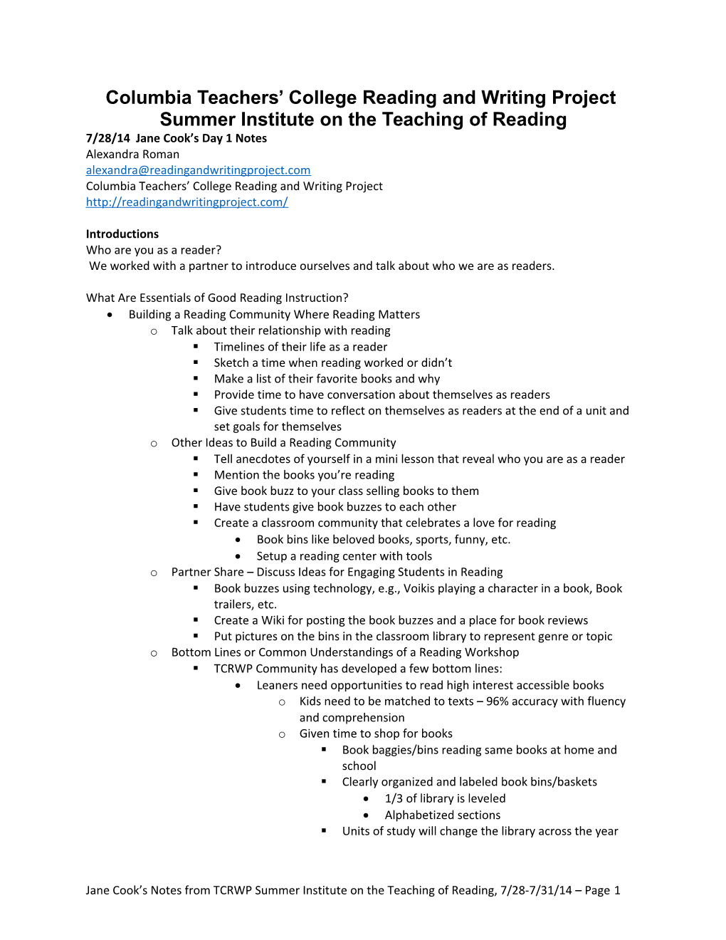Columbia Teachers College Reading and Writing Project
