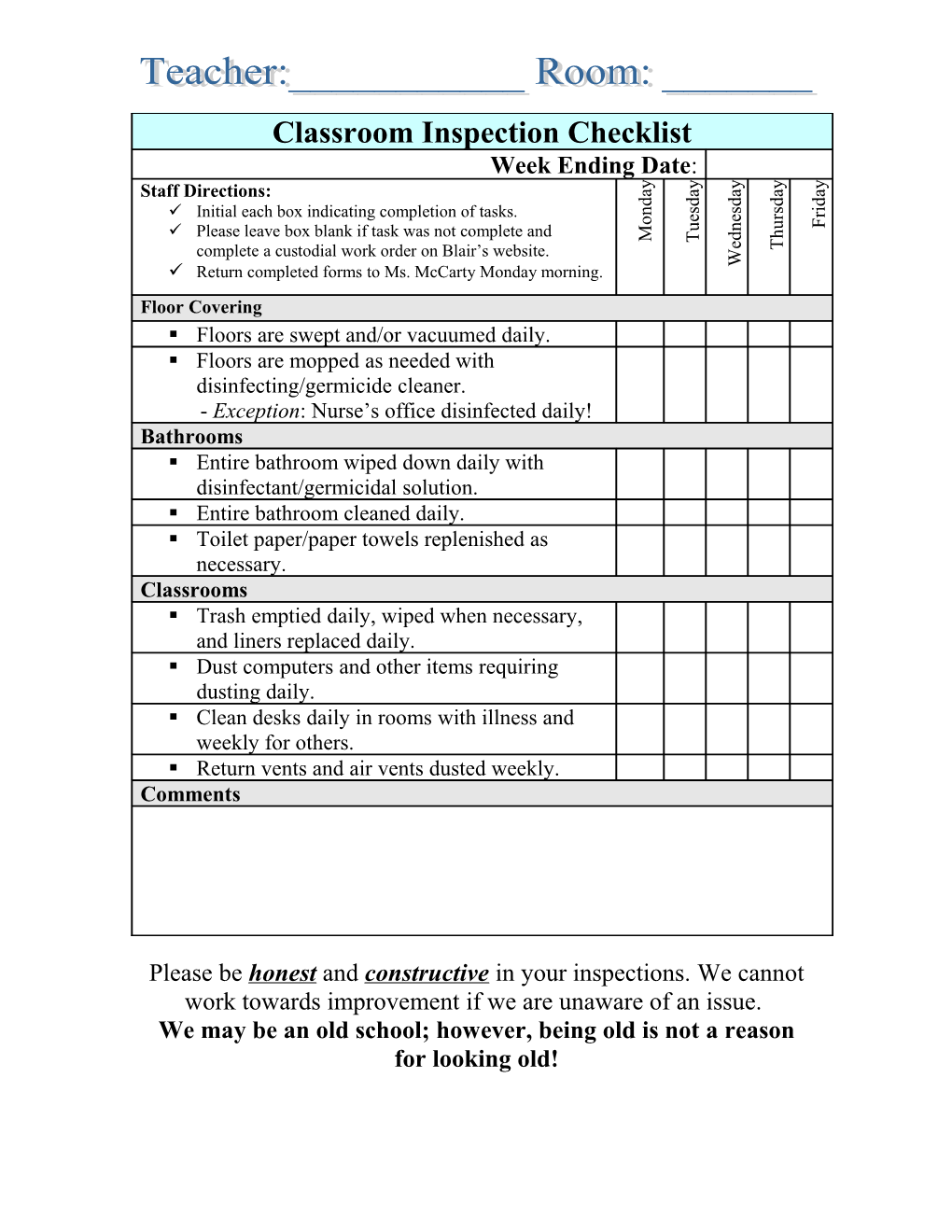 Classroom Inspection Checklist