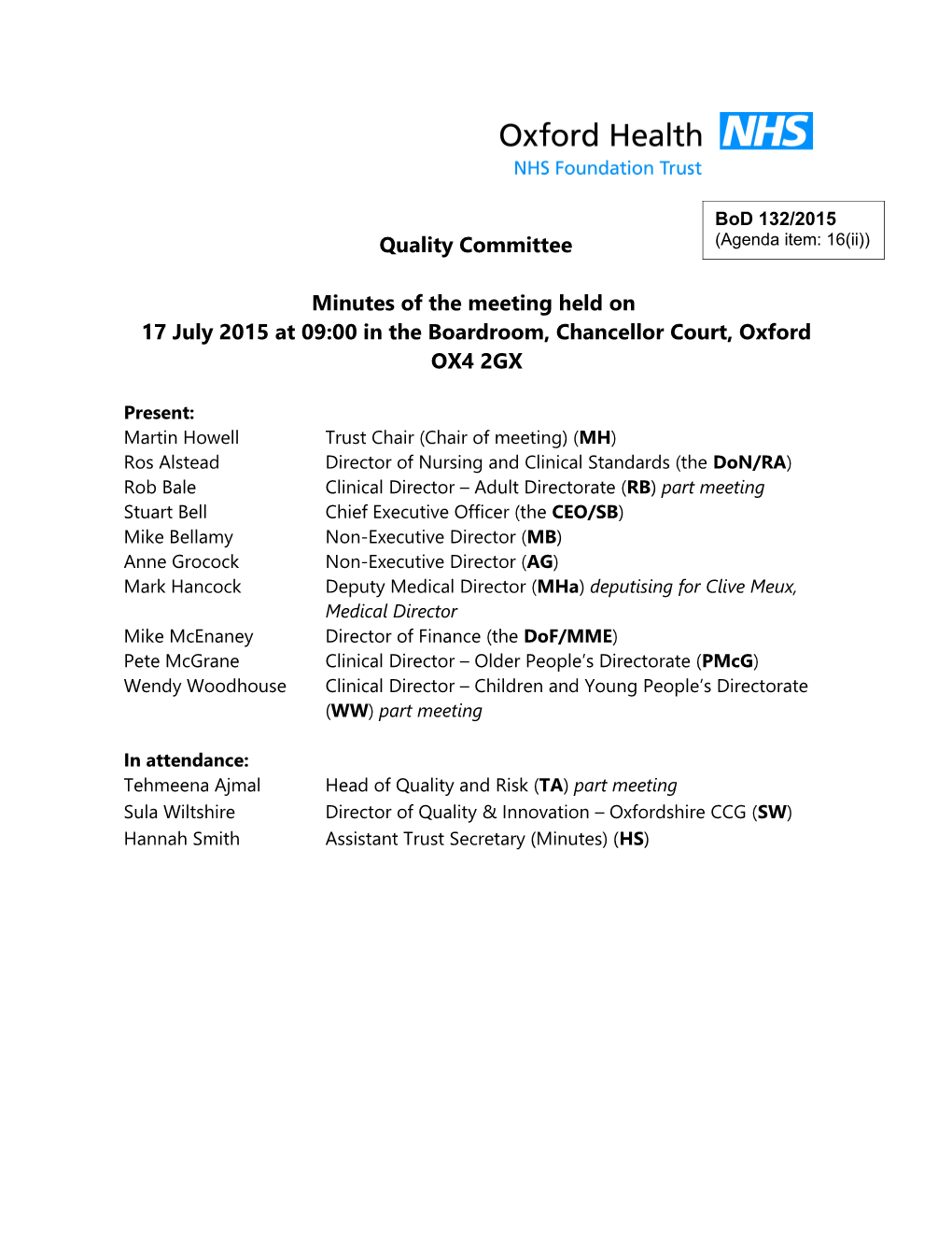 Minutes of the Quality Committee, 17 July 2015