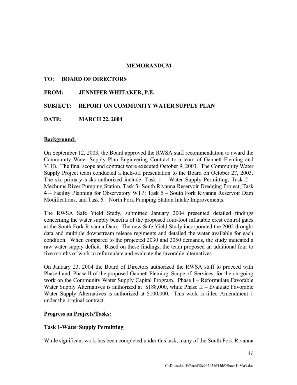 Subject: Report on Community Water Supply Plan